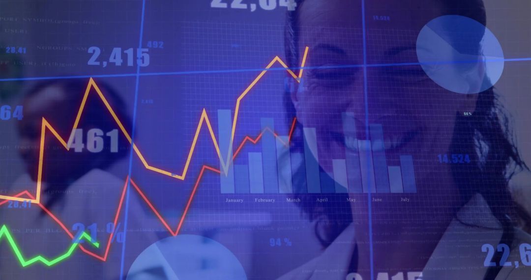 Businesswoman Analyzing Financial Graph with Data Visualization Overlay