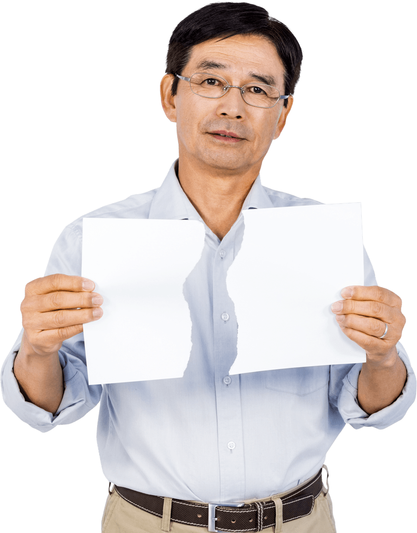 Older Man Holding Ripped Transparent Page, Expressing Displeasure