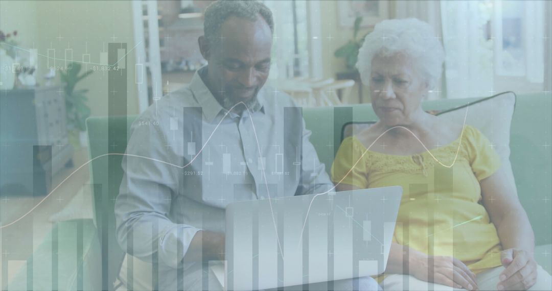 Senior Couple Analyzing Data on Laptop with Global Connections Overlay