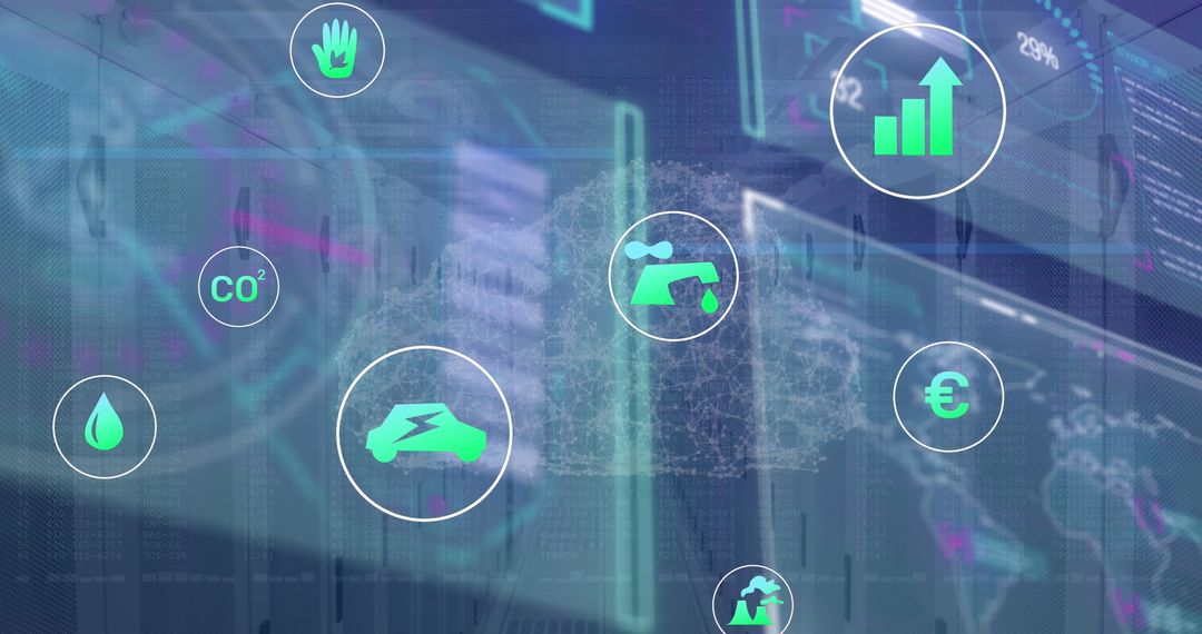 Futuristic Data Interface with Digital Graphics in Server Room