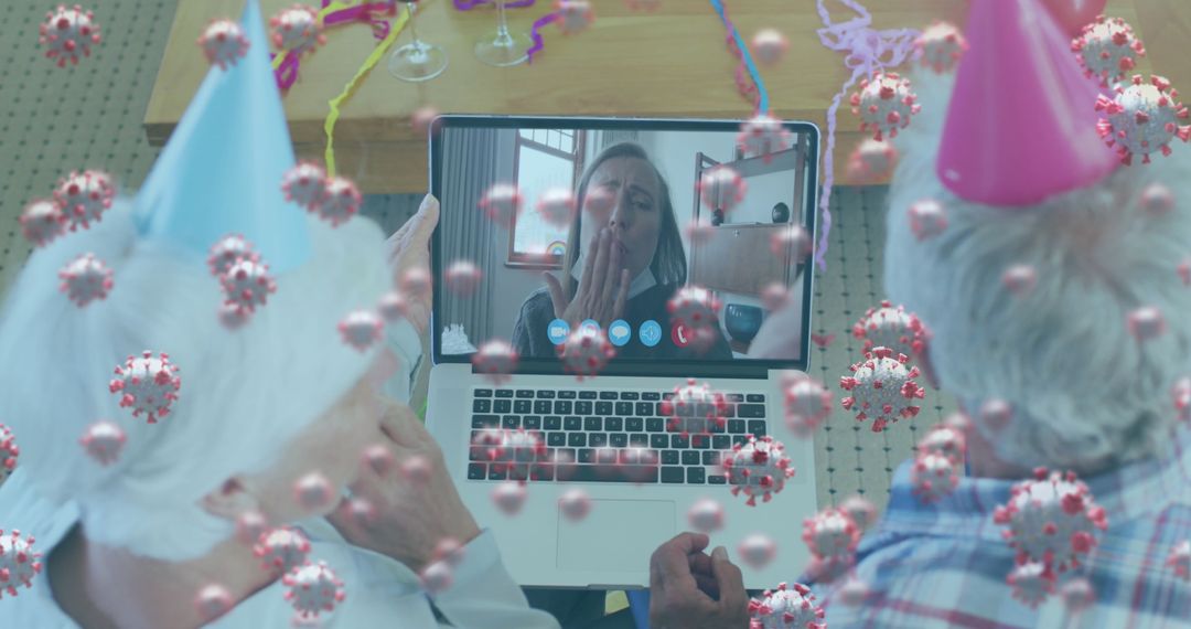 Senior Couple Celebrating Virtually During Pandemic with Floating COVID-19 Cells