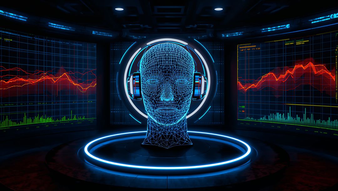 Futuristic Wireframe Head with High-Tech Interface in Cyber Environment