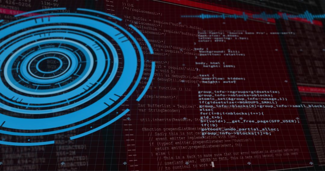 Futuristic HUD Display with Computer Code and Digital Grid Background