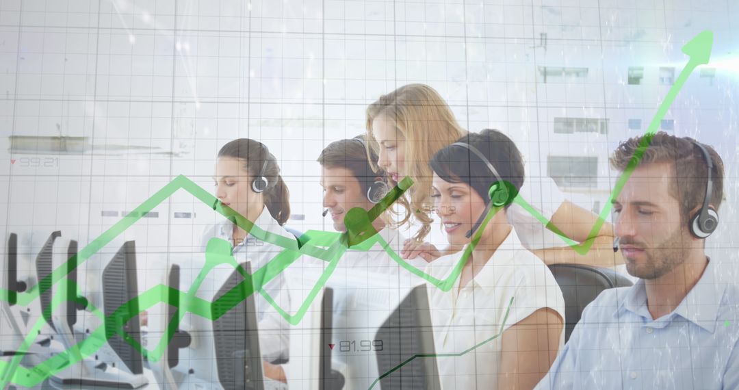 Diverse Call Center Team Analyzing Data Trends in the Office