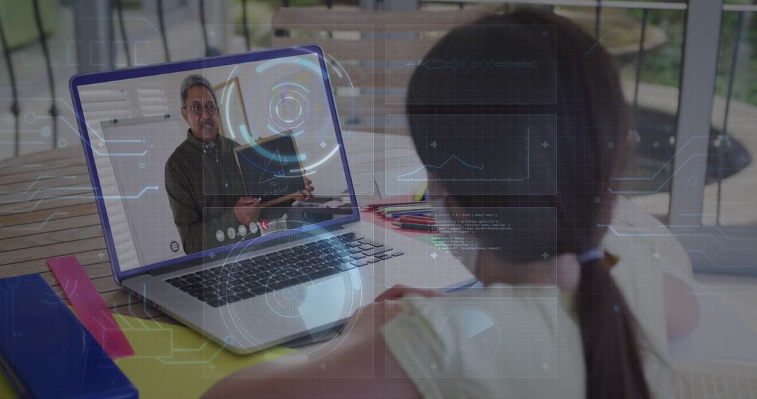 Girl Participating in Online Learning Through Laptop Holographic Interface