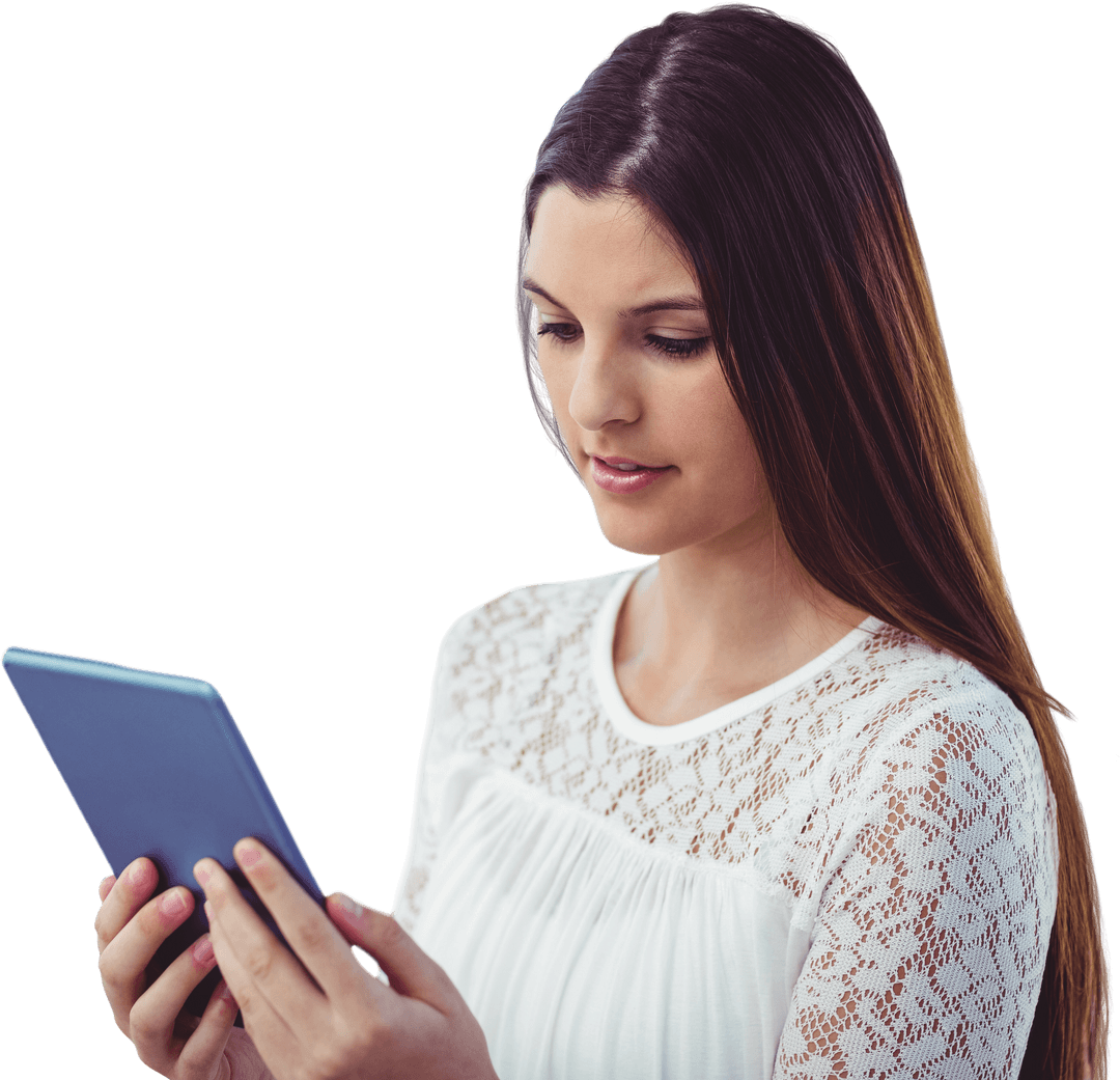 Confident Woman with Long Hair Using Tablet Transparent Background