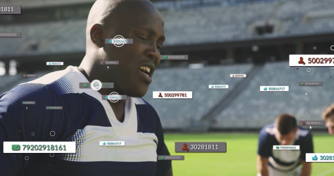 Exhausted Athlete at Stadium with Digital Biometric Overlays