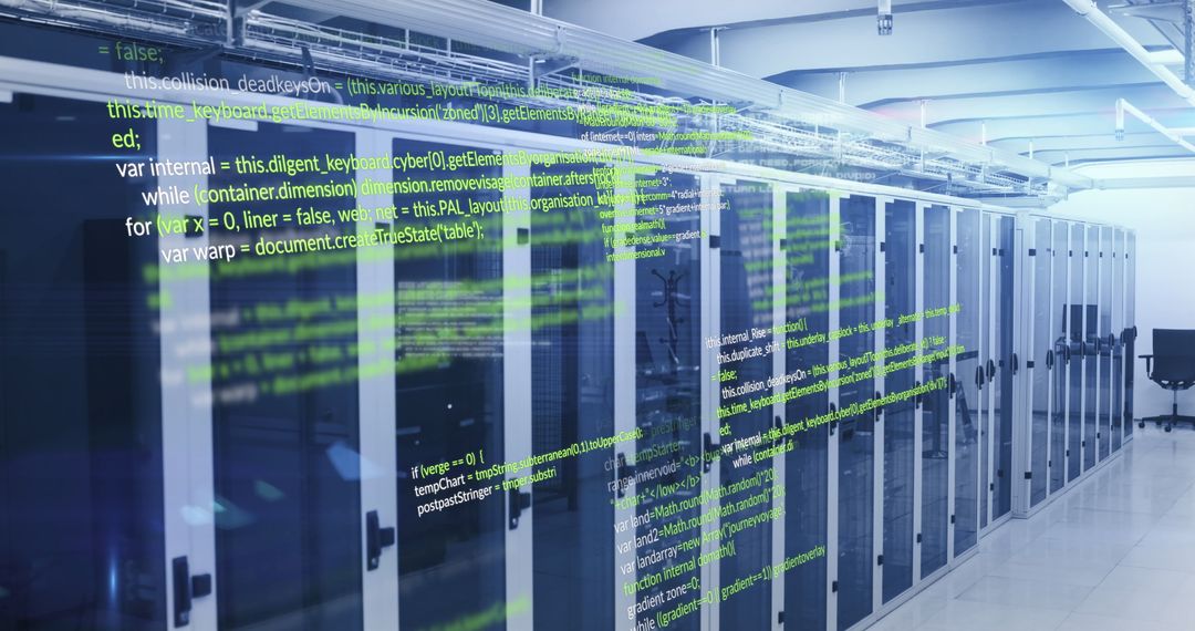 Futuristic Data Center with Overlay of Programming Code - Free Images, Stock Photos and Pictures on Pikwizard.com