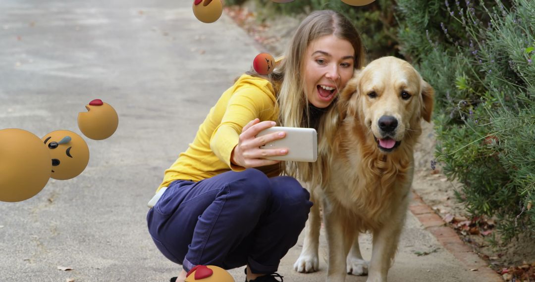 Joyful Selfie with Dog Surrounded by Emojis