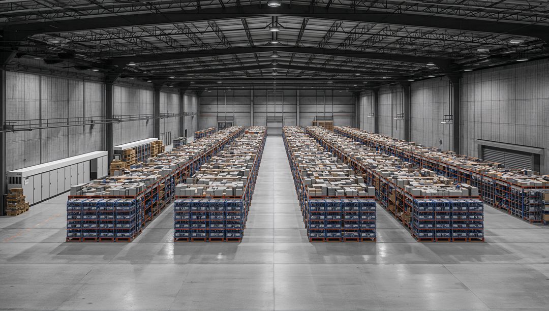 Warehouse Fulfillment Center Storing Pallets of Cardboard Boxes in Organized Rows