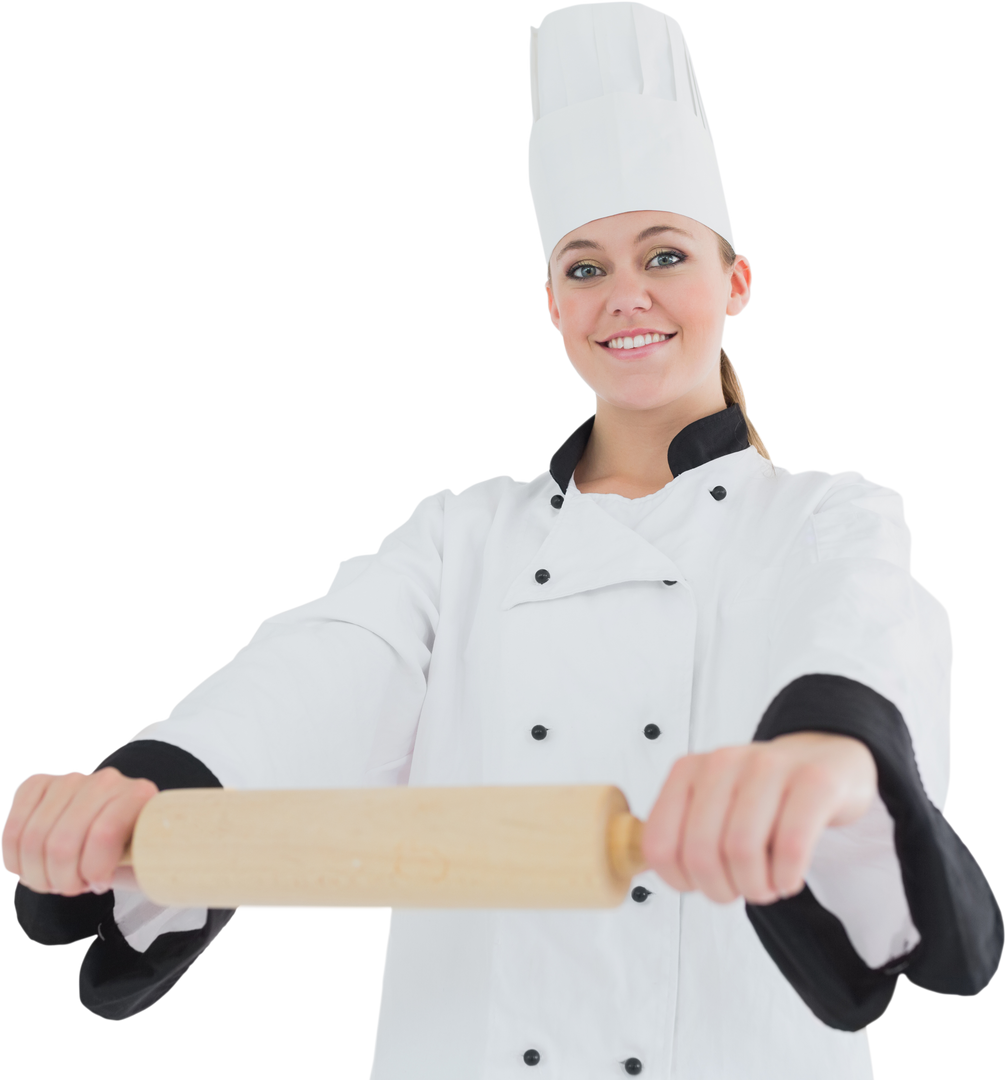 Smiling Caucasian Female Chef Holding Rolling Pin Transparent Background - Download Free Stock Images Pikwizard.com