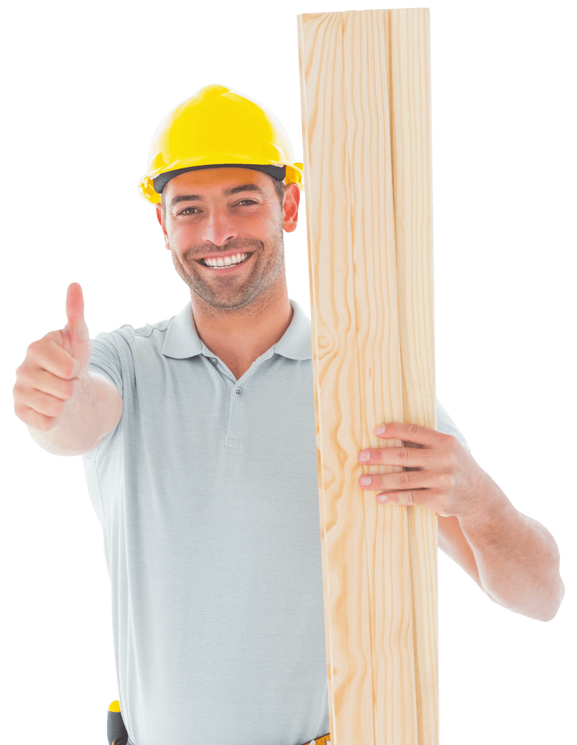 Transparent Builder Smiling With Thumb Up Holding Wooden Plank