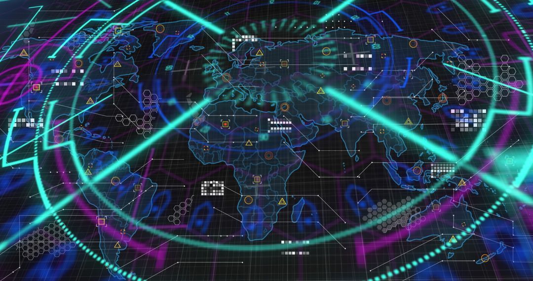 Futuristic Digital Interface with World Map and Data Indicators