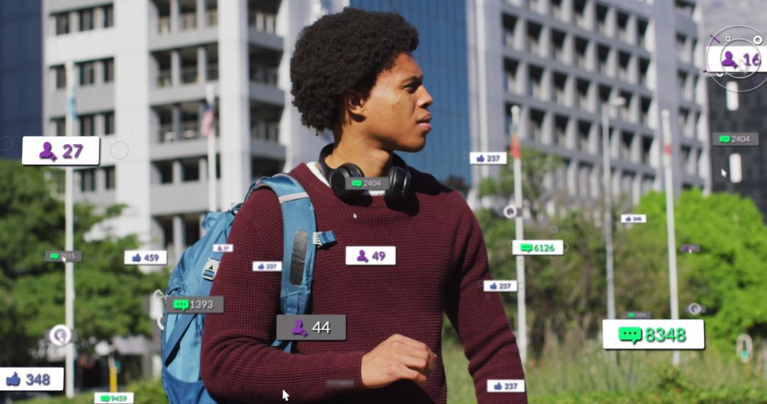Young Man Surrounded by Social Media Interaction Numbers