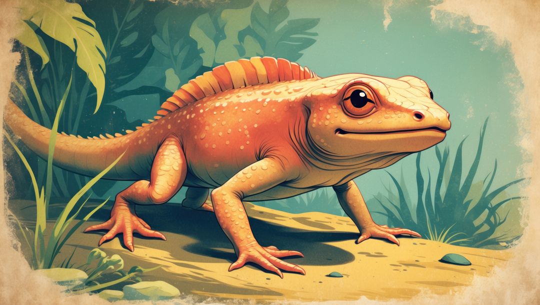 Illustrated Orange Reptile with Striking Red Crest in Lush Tropical Habitat