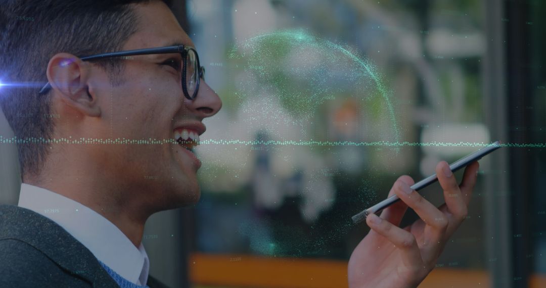 Man Joyfully Engaging in Futuristic Voice Technology on Smartphone