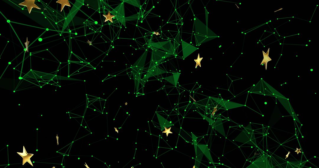 Glowing Green Network Forming Mesh with Floating Gold Stars in Dark Space Tech Constellation