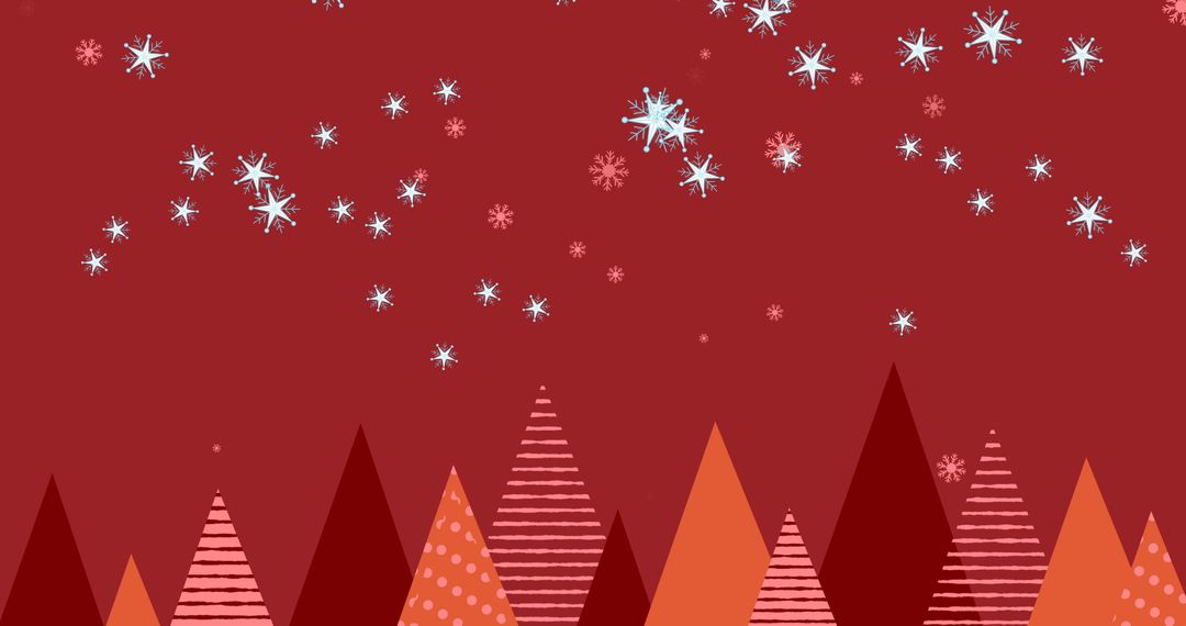 Snowflakes and Geometric Christmas Trees on Red Background