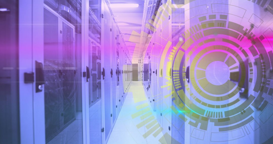 Futuristic Data Processing Center with Digital Interface Overlay