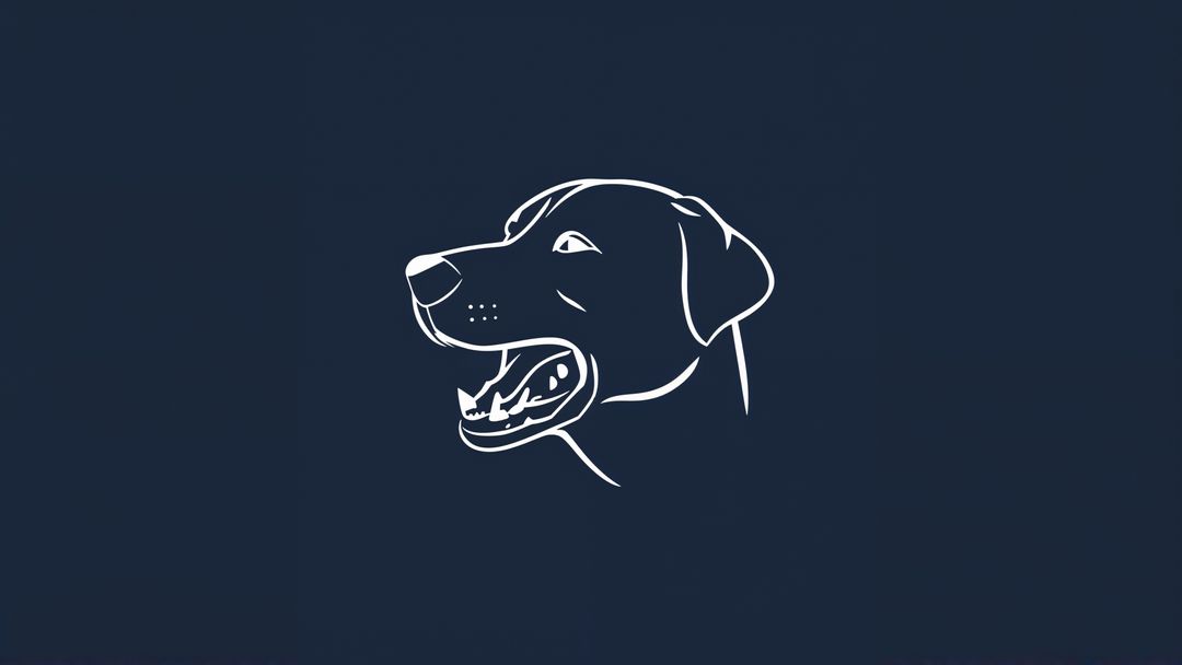 Minimalist line art of barking dog head on navy background