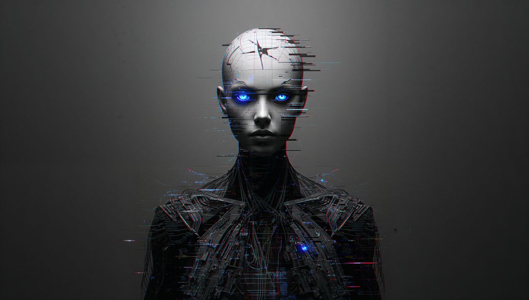 Glitching Humanoid Android with Glowing Eyes in Futuristic Style