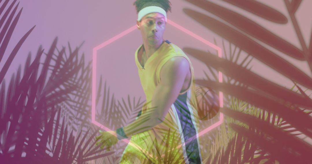Basketball Player with Neon Hexagon and Palm Leaves