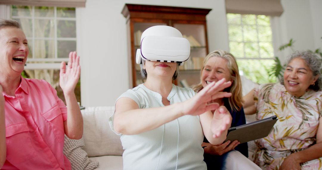 Seniors Enjoying Virtual Reality Technology Experience at Home