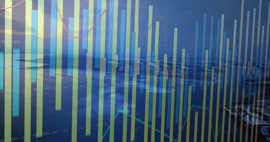 Translucent Bar Chart Overlaying Aerial Coastline Sunset Visualizing Finance Data Trends