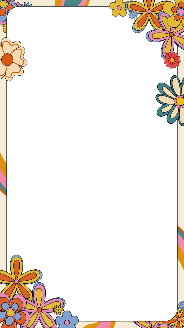 70s Retro Floral Border Frame with Vivid Pastel Stripes Transparent Design