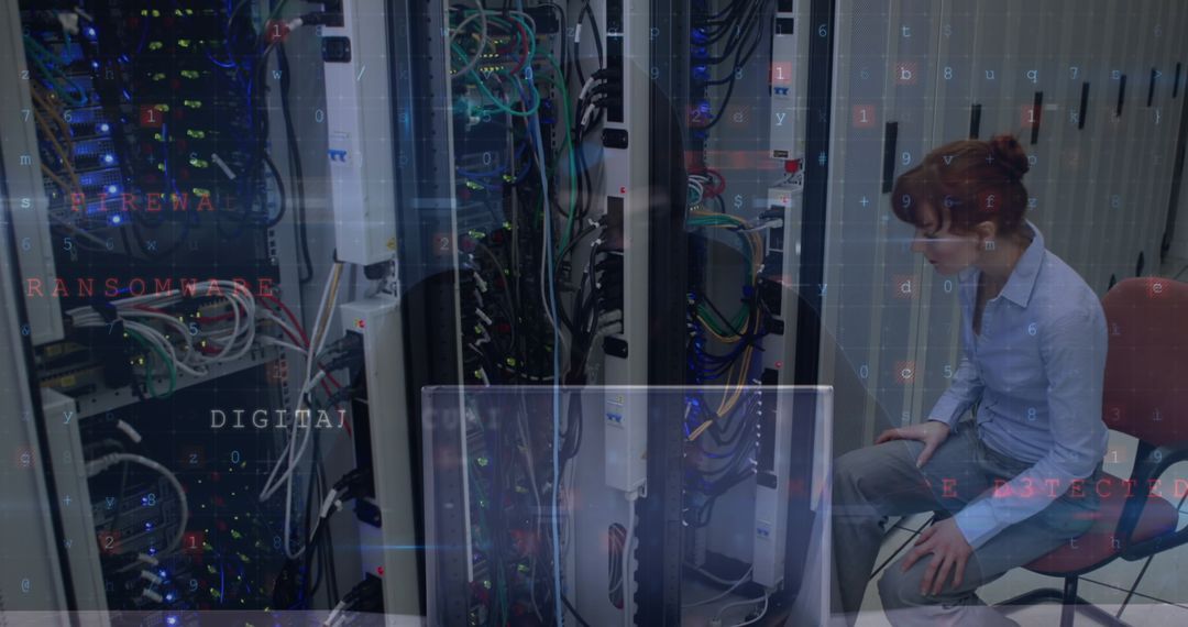 Female IT Engineer Monitoring Data Security in Server Room
