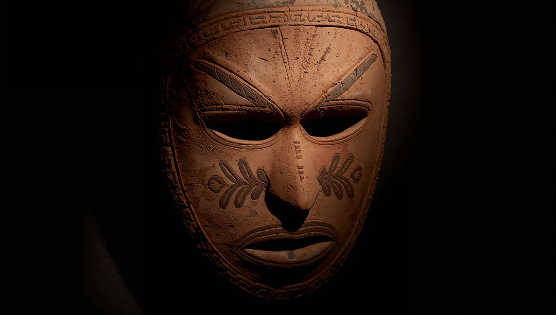 Weathered Terracotta Mask with Laurel Motif Under Dramatic Spotlight