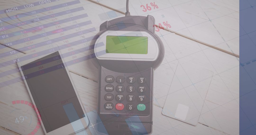 Digital Payment Terminal Overlayed with Financial Data Charts