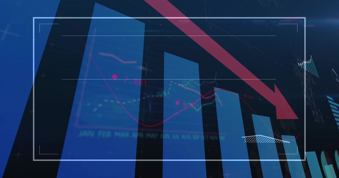Financial Downward Trend Bar Chart on Dashboard with Red Arrow