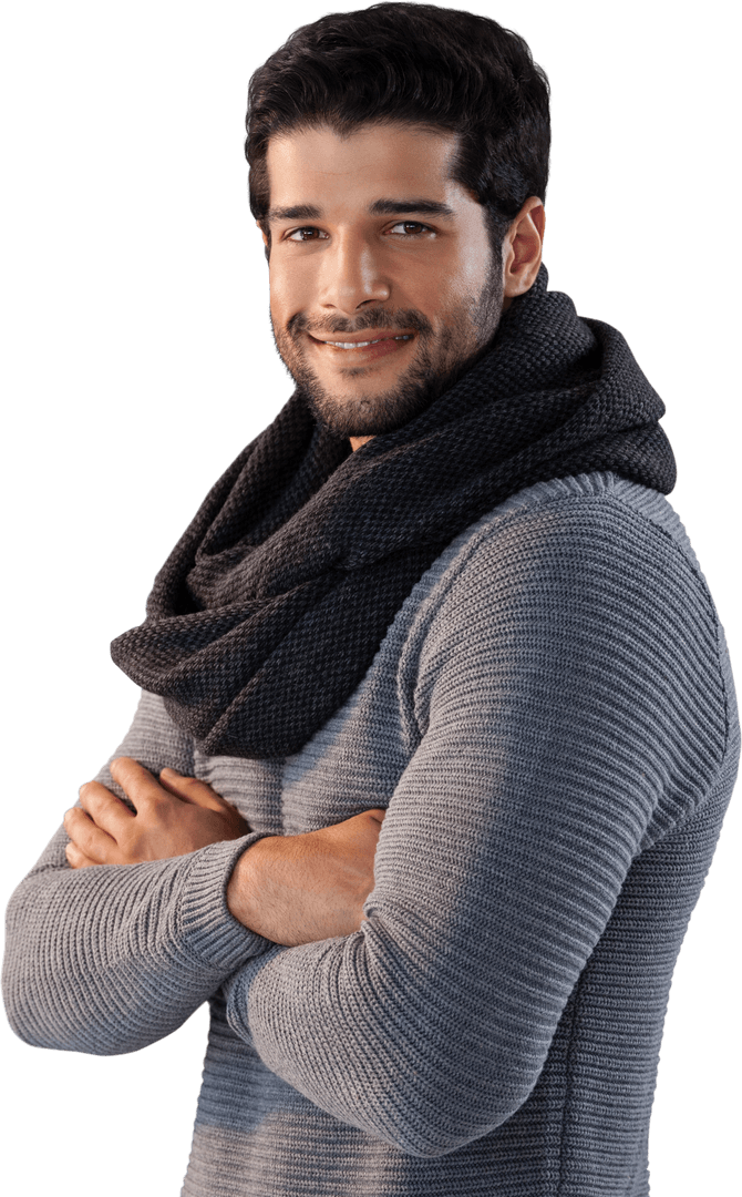 Smiling Man in Cozy Sweater and Scarf Transparent Portrait