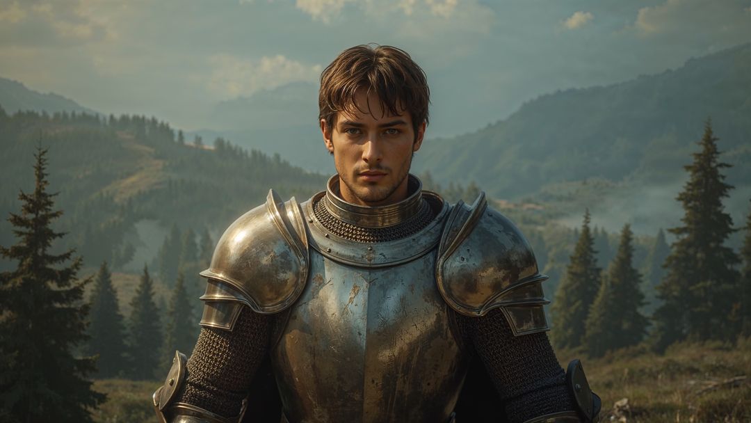 Brave Knight in medieval armor at forest dawn