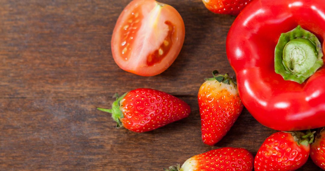 Vibrant Strawberries and Red Vegetables on Rustic Wooden Surface