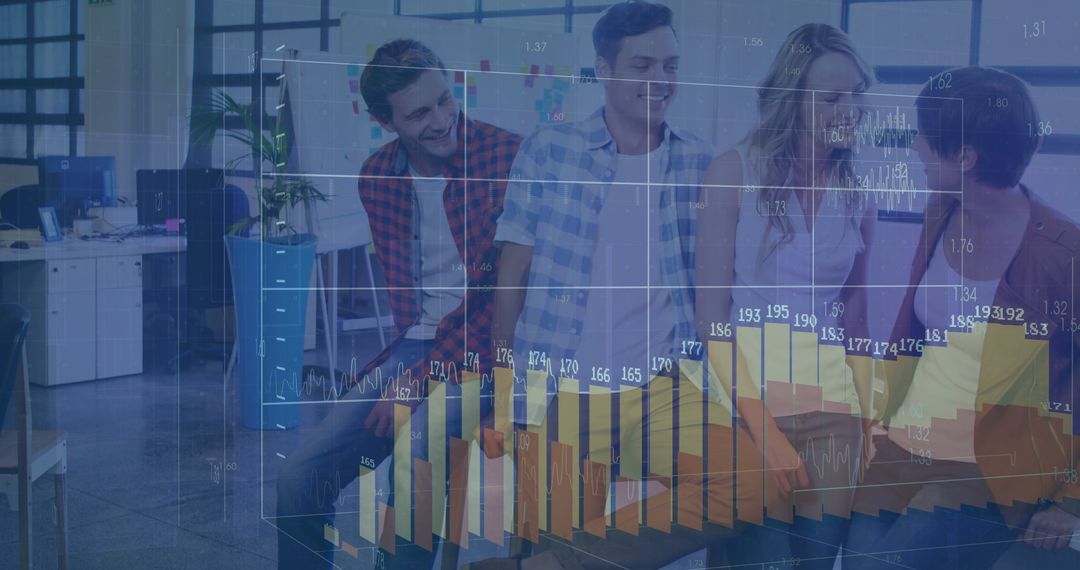 Young Professionals Collaborating with Data Bar Chart Overlay