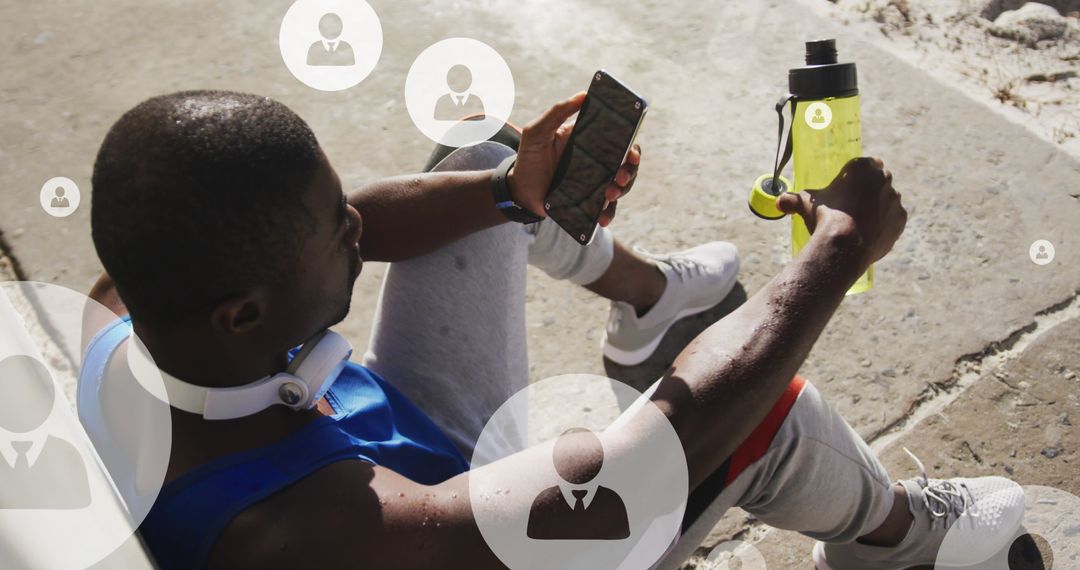 Athlete Resting with Smartphone Surrounded by Digital Network Icons