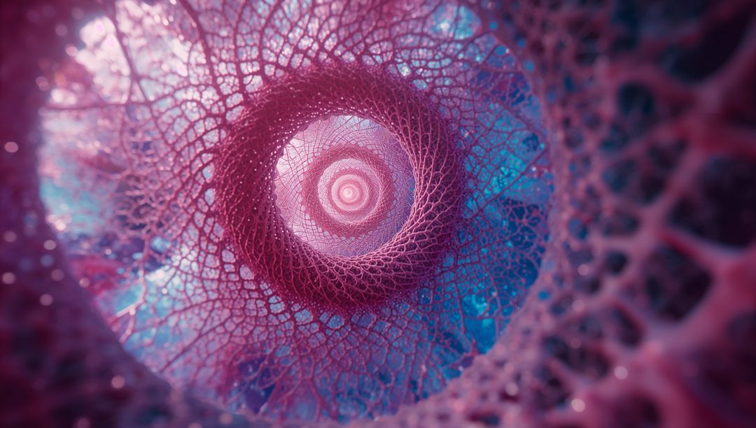 Futuristic Spiraling Mesh Tunnel Glowing with Bioluminescent Light