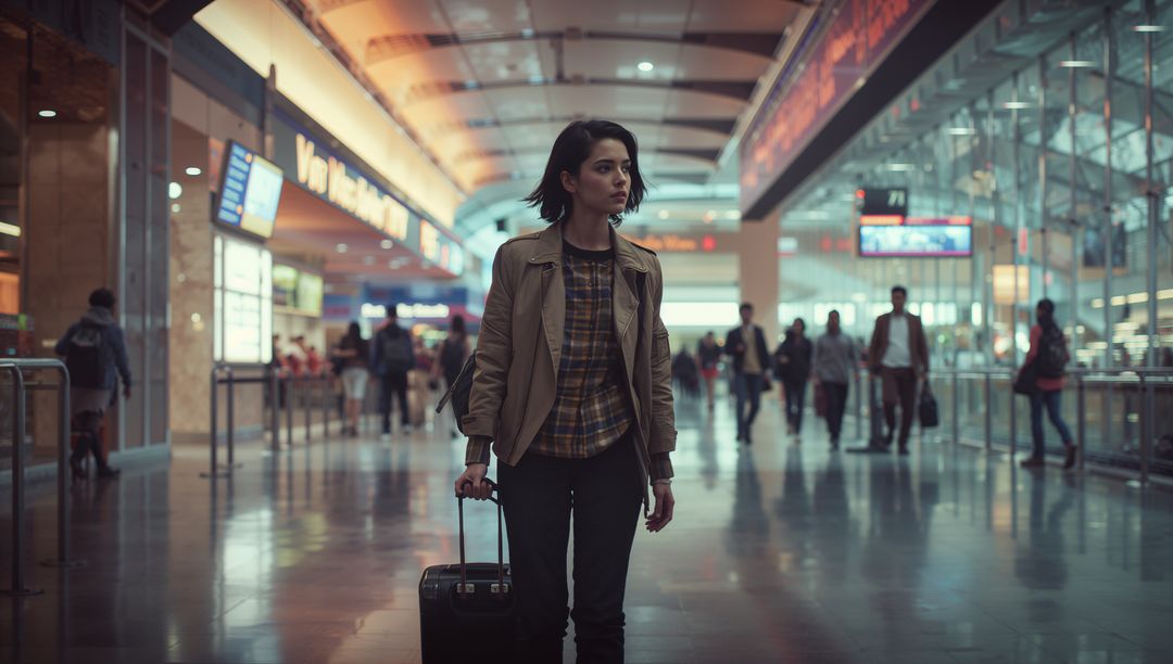 Traveler in Airport Terminal with Suitcase During Journey