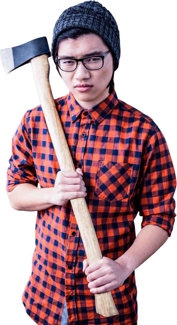 Serious Hipster Holding Axe in Stylish Knit Hat with Transparent Background