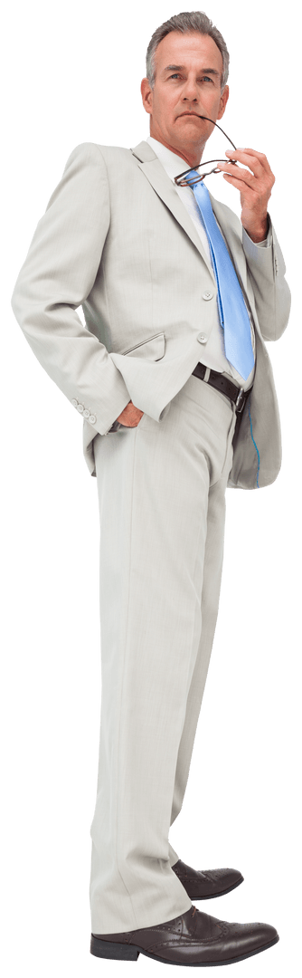 Confident Caucasian Businessman in Light Suit Standing on Transparent Background