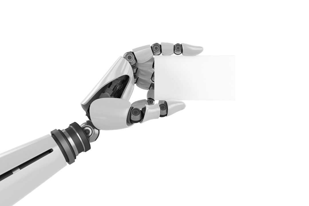 Robotic Arm Displaying Blank Business Card on Transparent Background