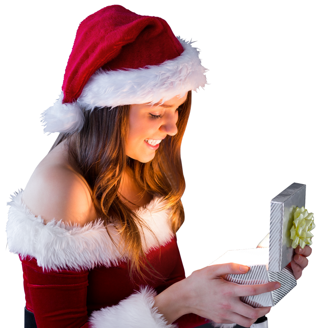 Smiling Woman in Santa Costumes Opening Glowing Christmas Gift | Transparent - Download Free Stock Images Pikwizard.com