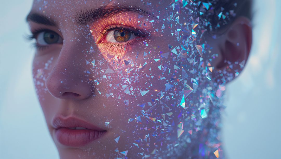 Iridescent Prism Shards on Close-Up Woman Face Highlighting Shimmer Makeup and Texture
