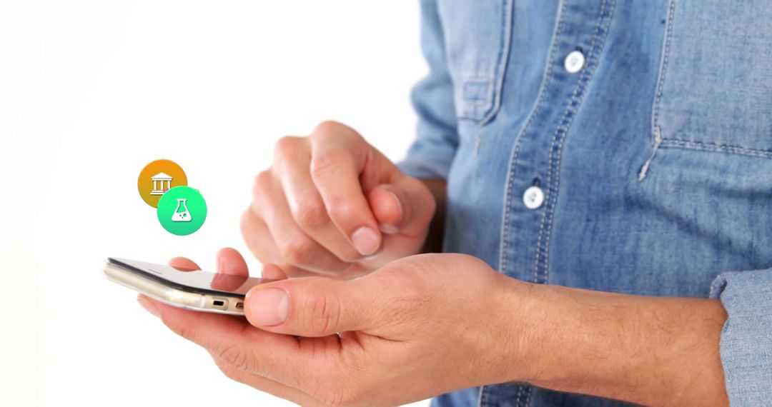 Person Interacting with Smartphone and Digital Icons