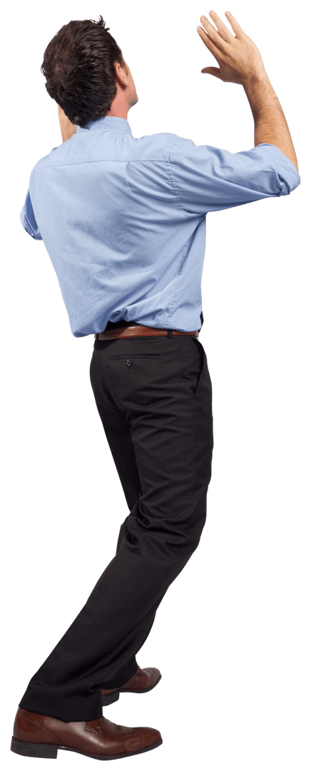 Businessman Posing with Raised Hands, Isolated on Transparent Background