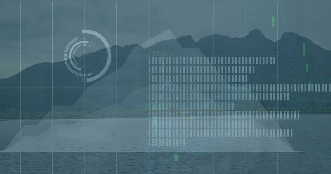 Futuristic Financial Data Overlay on Mountain Landscape
