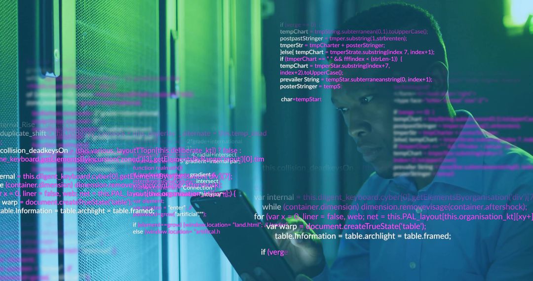 Technician Examining Data Center Racks with Touchscreen Device