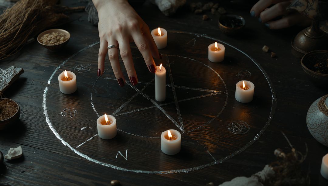 Mystic Ritual with Pentagram and Candles on Wooden Table